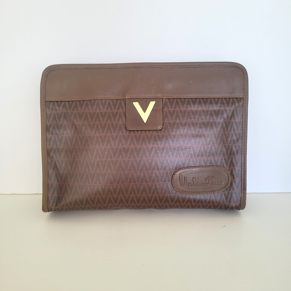 Mario Valentino Vintage Brown Monogram Coated Canvas Leather Trim Clutch Bag